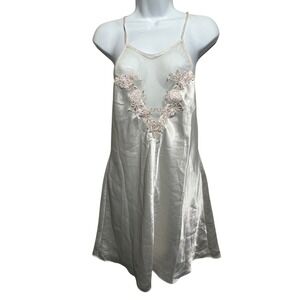 Ambrielle Ivory Satin Chemise Nightgown Floral Embroidery Mesh V-Back Medium